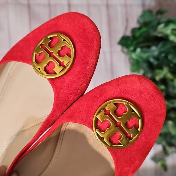 Tory Burch Orange/Red Suede Ballet Flats with Gold Accent 8.5 - Picture 4 of 13